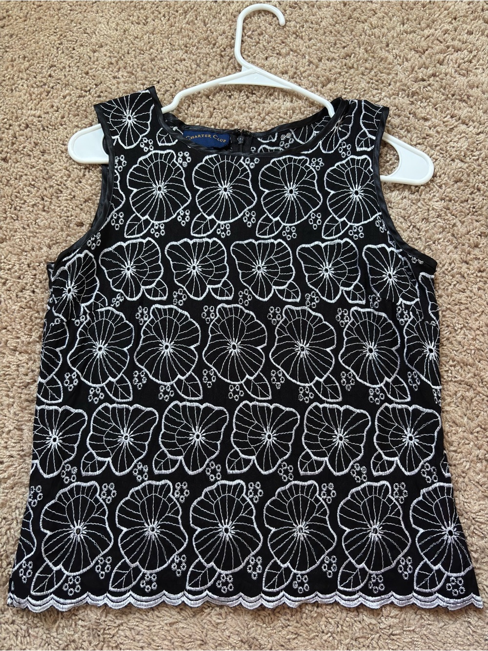 Charter Club Black Tank Top with White Floral Embroidery